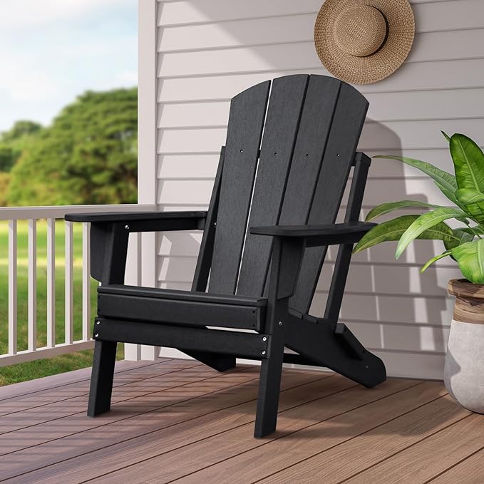 Skypatio Folding Adirondack Chair with Cup Holder, Weather Resistant Portable Patio Fire Pit Chairs, 380 lb Weight Capacity Adirondack Chairs for Porch, Beach, Poolside, Deck, Lawn (Black, Set of 1)