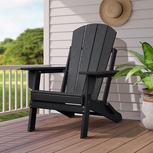 Skypatio Folding Adirondack Chair with Cup Holder, Weather Resistant Portable Patio Fire Pit Chairs, 380 lb Weight Capacity Adirondack Chairs for Porch, Beach, Poolside, Deck, Lawn (Black, Set of 1)