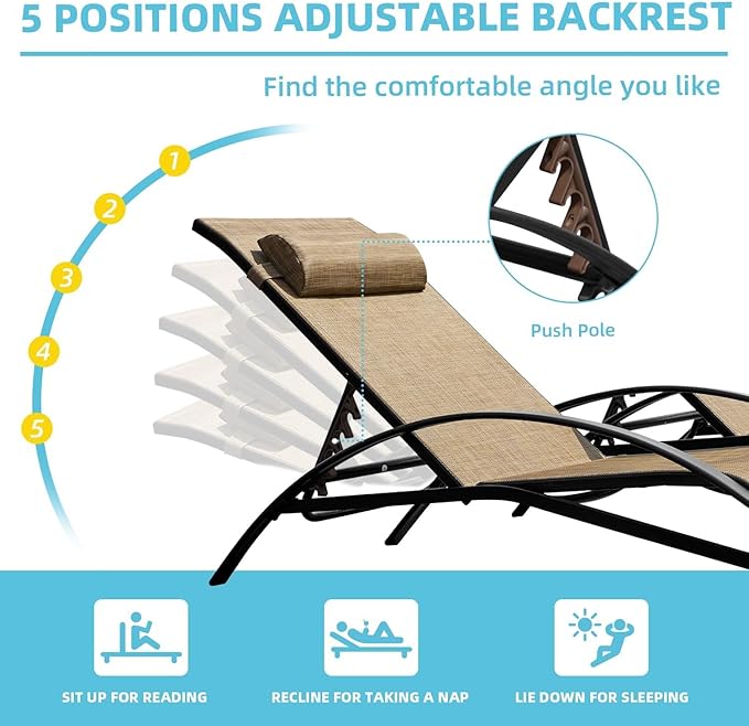 EROMMY Patio Chaise Lounge Chair Set of 2, Outdoor Lounge Chairs with 5 Position Adjustable Backrest, All-Weather Waterproof Pool Lounge Chairs for Poolside Beach Yard