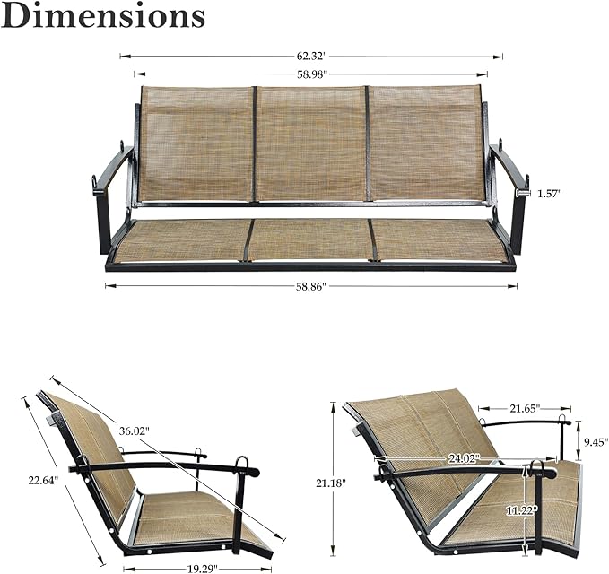 Textilene 3 Seat Hanging Swing, 5.2FT Patio Bench Swing - Photo 7