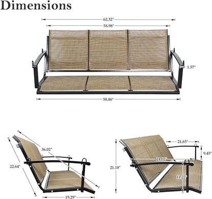 Textilene 3 Seat Hanging Swing, 5.2FT Patio Bench Swing, 660lbs Heavy Duty Outdoor Porch Swing with Hanging Chains for Courtyard, Garden, Tree, Yard