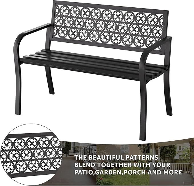 Outdoor Bench Garden Bench Patio Bench,Weatherproof Anti-Rust Metal Powder Coated Frame Park Bench,Metal Bench for Yard & Porch & Park (Wreath)