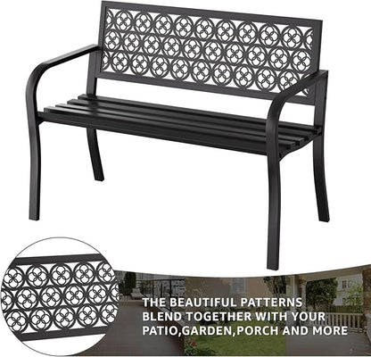 Outdoor Bench Garden Bench Patio Bench,Weatherproof Anti-Rust Metal Powder Coated Frame Park Bench,Metal Bench for Yard & Porch & Park (Wreath)