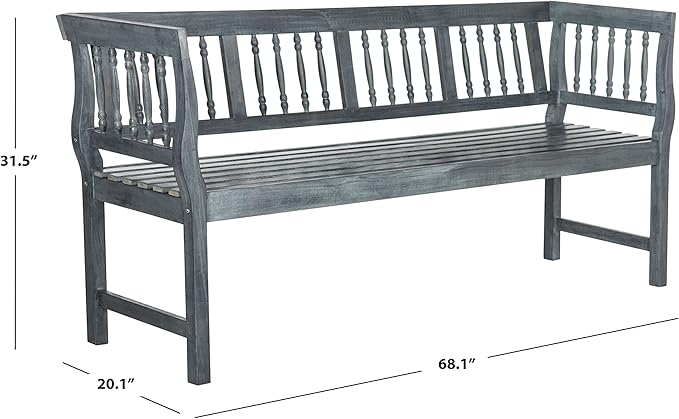 SAFAVIEH Outdoor Patio Furniture Collection – Brentwood Grey Distressed Acacia Wood Bench with Silver Accents, Classic Outdoor Seating for Porch or Garden (PAT6732B)