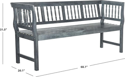 SAFAVIEH Outdoor Patio Furniture Collection – Brentwood Grey Distressed Acacia Wood Bench with Silver Accents, Classic Outdoor Seating for Porch or Garden (PAT6732B)