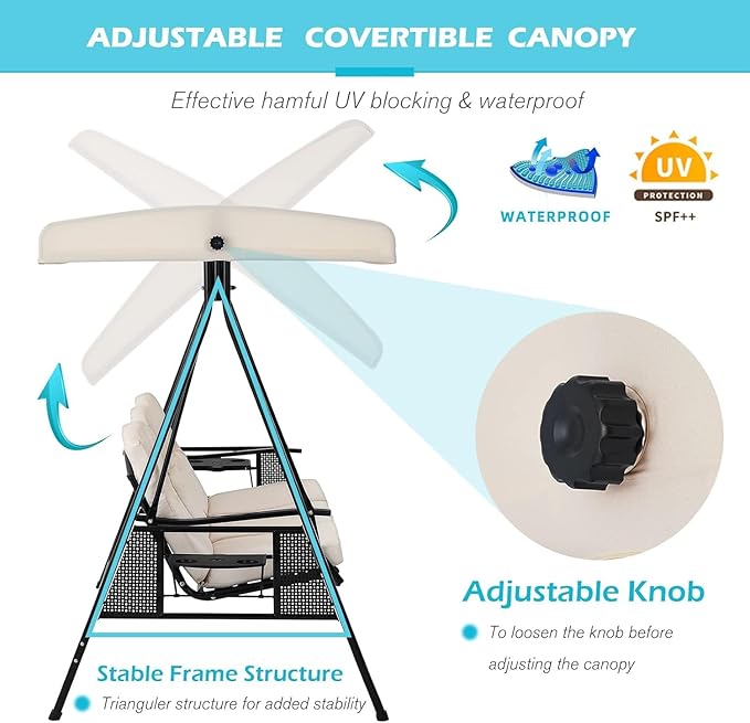 AECOJOY Outdoor Porch Swing, 3-Seat Porch Swing with Adjustable Canopy, Outdoor Swings for Adult with Beige Removable Cushions for Backyard, Garden, Yard, Poolside, Balcony