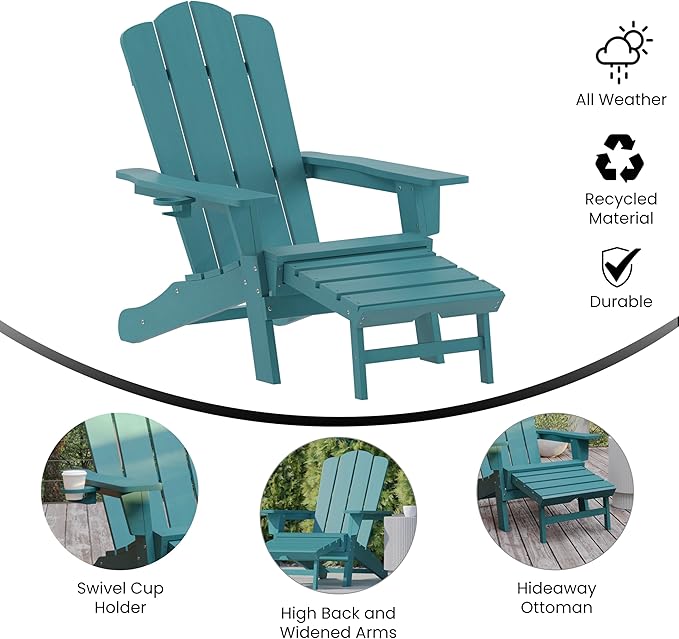 Flash Furniture Newport Poly Resin Adirondack Chair with Cup Holder and Pull Out Ottoman, All-Weather Poly Resin Indoor/Outdoor Lounge Chair, Blue