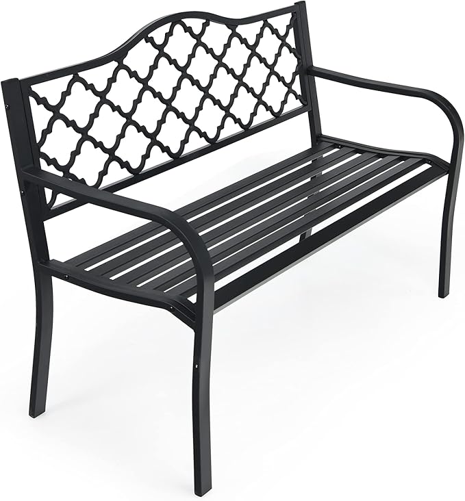 Tangkula Outdoor Steel Garden Bench, Patio Park Bench w/Iron Casted Seat, Armrest & Backrest, Outdoor Welcome Bench Chair Furniture Suitable for Garden Patio Yard