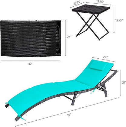 Devoko Patio Chaise Lounge Sets Outdoor Rattan Adjustable Back 3 Pieces Cushioned Patio Folding Chaise Lounge with Folding Table (Blue)