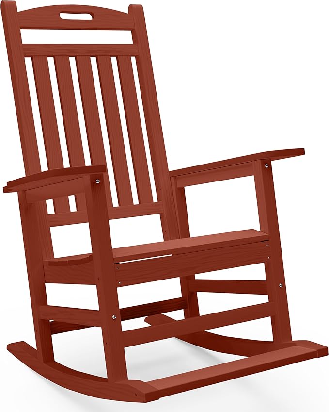 PLUUV Outdoor Rocking Chair, HDPE Patio Rocking Chairs with Footboard, All Weather Porch Rockers Outdoor for Adult, Effortless Installation, Light Red
