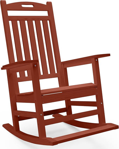 PLUUV Outdoor Rocking Chair, HDPE Patio Rocking Chairs with Footboard, All Weather Porch Rockers Outdoor for Adult, Effortless Installation, Light Red