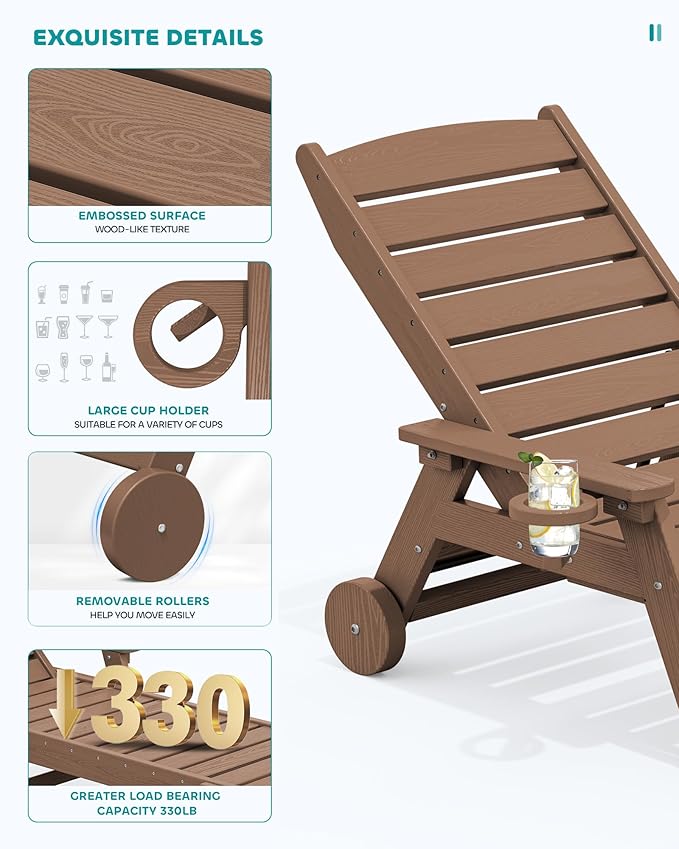 SERWALL Patio Chaise Lounge Chair, 78'' Long HDPE 5 Positions Adjustable Poly Lounge Chair with Rolling Wheels & Cup Holder for Pool, Brown