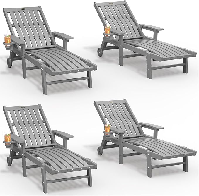 THOEOE Patio Chaise Lounge Chair Set of 4, Oversized Lounge Chair Outdoor with 5 Positions, HDPE, Patio Lounge Chair with Wheels & Cup Holder for Pool, Deck, Poolside,Grey