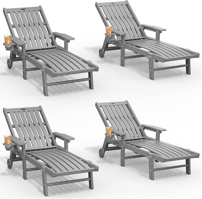 THOEOE Patio Chaise Lounge Chair Set of 4, Oversized Lounge Chair Outdoor with 5 Positions, HDPE, Patio Lounge Chair with Wheels & Cup Holder for Pool, Deck, Poolside,Grey