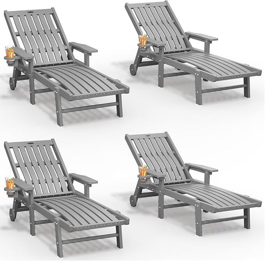 THOEOE Patio Chaise Lounge Chair Set of 4, Oversized Lounge Chair Outdoor with 5 Positions, HDPE, Patio Lounge Chair with Wheels & Cup Holder for Pool, Deck, Poolside,Grey