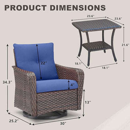 Rilyson Outdoor Patio Swivel Rocker Chairs - 6 PC Wicker Patio Bistro Sets with High Back,Comfy Cushions, Deep Seating and Side Table for Porch Deck Backyard Garden(Brown/Blue)