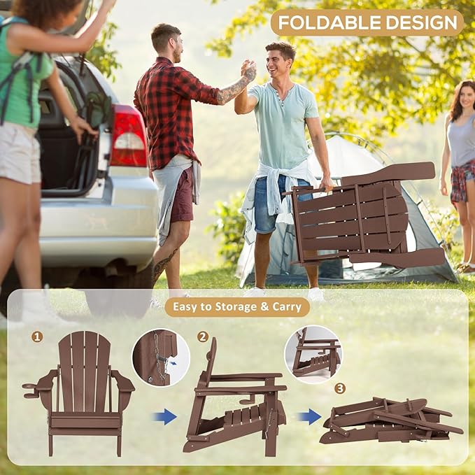 Adirondack Chair Set of 2 with Cushion & Cup Holder, HDPE Folding Adirondack Chairs with Wood-Like Grain Outdoor Fire Pit Chairs for Patio/Porch/Swimming Pool/Camping
