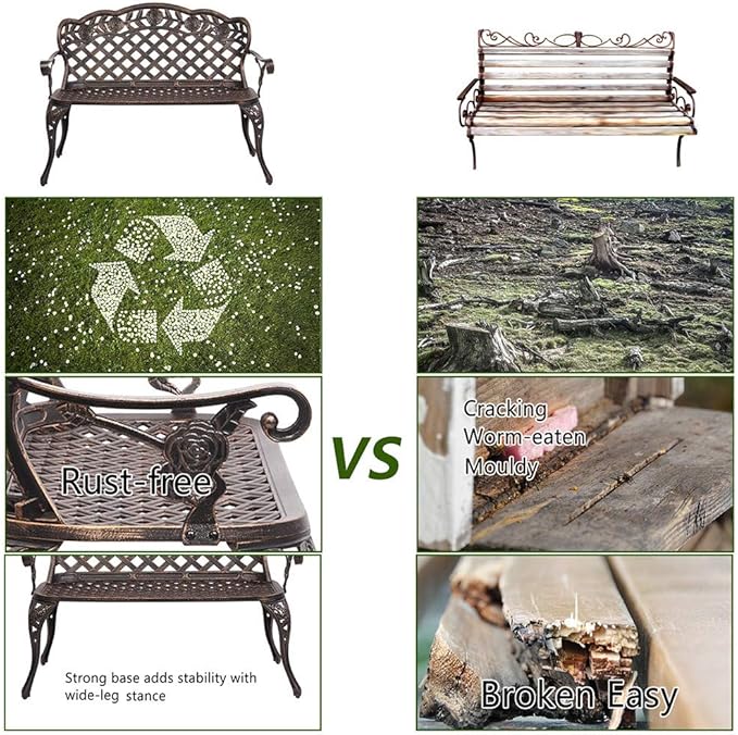 LEEXCCOS Updated Version & Stronger 42.5" Metal Garden Benches for Outdoors, More Weather Resistant Park Bench Metal Bench Leisure Rose Chair for 2 Person Seat, Patio Front Porch Furniture (Bronze)