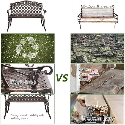 LEEXCCOS Updated Version & Stronger 42.5" Metal Garden Benches for Outdoors, More Weather Resistant Park Bench Metal Bench Leisure Rose Chair for 2 Person Seat, Patio Front Porch Furniture (Bronze)
