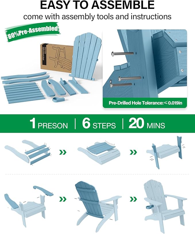 YEFU Oversized Plastic Adirondack Chair Set of 4 with Cup-Holder, Weather Resistant, Poly Lumber Outdoor Chairs Duty Rating Widely Used in Patio, Lawn, Outside, Deck, Garden Chair-Blue
