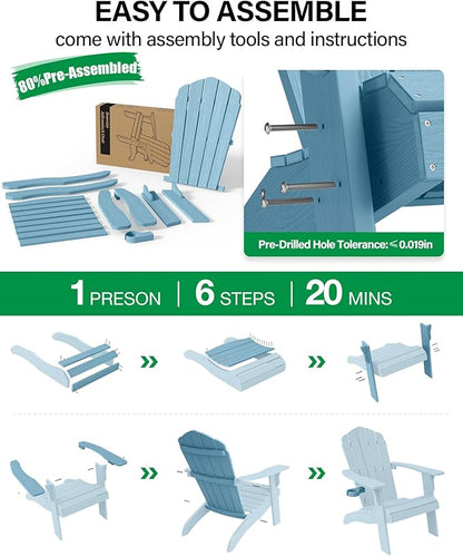 YEFU Oversized Plastic Adirondack Chair Set of 4 with Cup-Holder, Weather Resistant, Poly Lumber Outdoor Chairs Duty Rating Widely Used in Patio, Lawn, Outside, Deck, Garden Chair-Blue