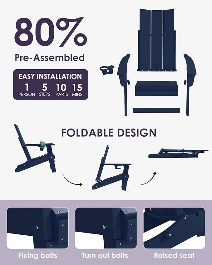 Folding Adirondack Chairs Set of 6, All-Weather Resistant HDPE Patio Firepit Chairs, Sturdy Outside Chairs with Cup Holder, Pre-Installed Lawn Chairs Load Capacity 385lb, Navy Blue