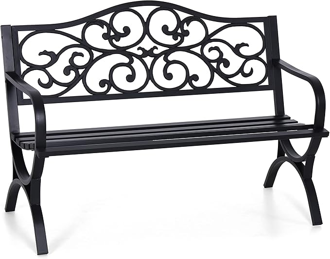 PHI VILLA 50" Patio Park Garden Outdoor Metal Black Bench for Yard Porch