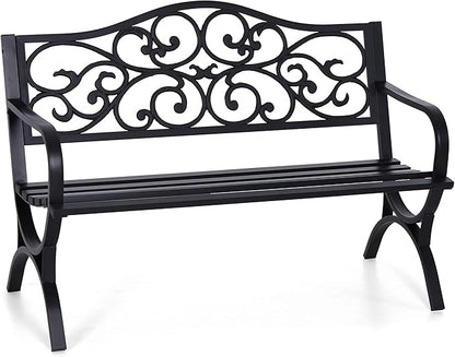 PHI VILLA 50" Patio Park Garden Outdoor Metal Black Bench for Yard Porch