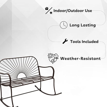 XBrand 44.5" L Iron Sun-Patterned Seat for Two Indoor/Outdoor Rocking Bench, Durable Patio Glider Bench, Black