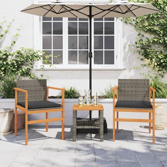 Patio Chairs with Cushions 2 pcs Gray Poly Rattan&Solid Wood Sillas para Patio Lawn Chairs for Dining Table Garden - Photo 3