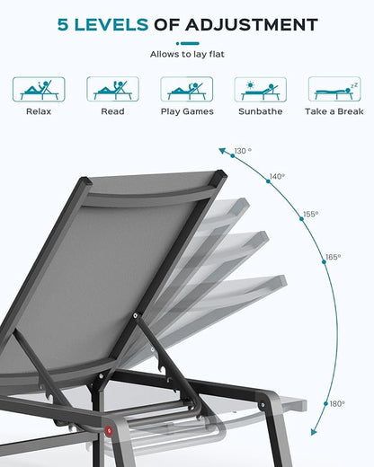 Patio Chaise Lounge Chair Set of 4, Foldable Lounge Chair for Outside, Aluminum Chairs with 5 Adjustable Backrest, Outdoor Pool Lounger for Poolside, Patio, Deck, Grey
