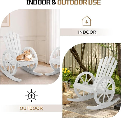 Outvita Adirondack Rocking Chair Set of 2, Wood Wagon Rocker, Outdoor Wooden Carbonized Lounge Chairs with Wheel Armrest for Garden Patio Country Yard(White