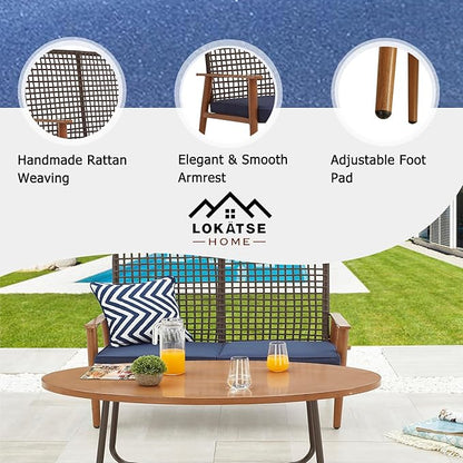 LOKATSE HOME Outdoor 2 Pcs Patio Loveseat Wood with Coffee Table Bistro Cushioned Outside Bench Wicker for Garden Poolside Balcony, Blue