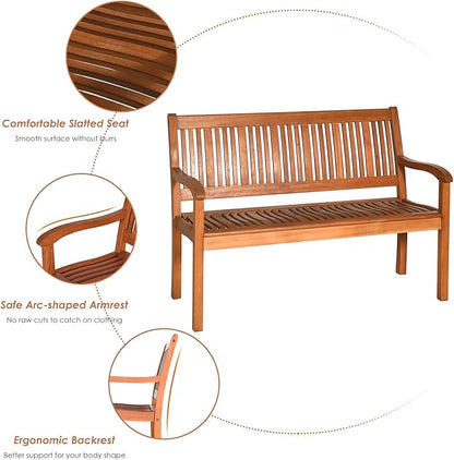 Outdoor Bench, Eucalyptus Wood Patio Bench, 4 Ft Outdoor Slatted Seating Loveseat with Armrest Backrest for Patio Pack Balcony Deck,(Nature Teak)