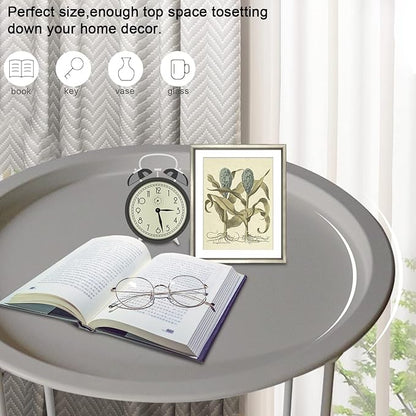 Garden 4 you End Table Metal Side Table Grey Round Folding Tray Cyan Sofa Small Accent Fold-able Table, Round End Table Tray, Next to Sofa Table, Snack Table for Living Room and Bed Room