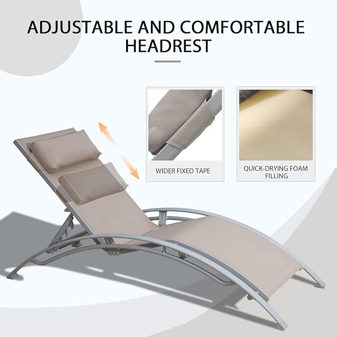 Domi Pool Lounge Chairs Set of 3, Adjustable Aluminum Outdoor Chaise Lounge Chairs with Metal Side Table, All Weather for Deck Lawn Poolside Backyard -Beige Textilene