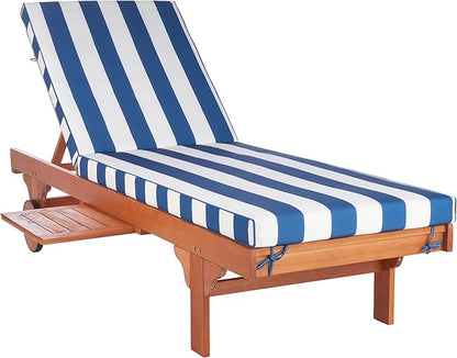 SAFAVIEH Outdoor Collection Newport Natural/ Blue & White Stripe Cushion Built-in Side Table Adjustable Chaise Lounge Chair