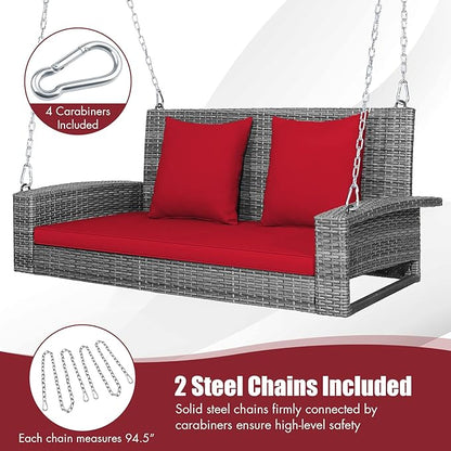 RELAX4LIFE 2-Person Porch Swing Bench - PE Rattan Outdoor Swing Chair with Comfortable Seat & Back Cushions, Rustproof Metal Chains, Patio Loveseat Swing for Balcony, Garden, Yard, 800 LBS (Red)
