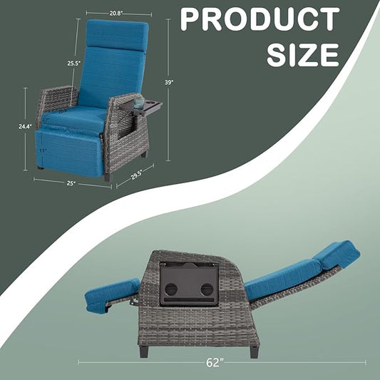 Outdoor Recliner Chair, 180° Reclining Patio Chairs with Adjustable Backrest & Extended Footrest, Rattan Reclining Lounge Chair, Wicker Balcony Recliner, Blue, 2PCS