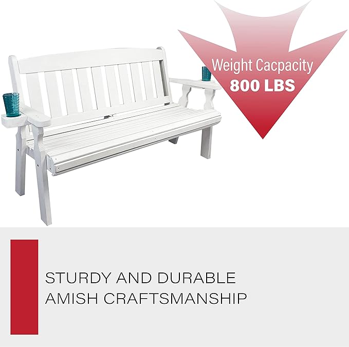Amish Casual Heavy Duty 800 Lb Mission Pressure Treated Garden Bench with Cupholders (5 Foot, Semi-Solid White Stain)