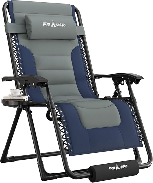 UDPATIO Oversized Zero Gravity Chair, Outdoor Full Padded Recliner, Patio Folding Adjustable Reclining Seat with Cup Holder, Footrest & Headrest for Camping Indoor, 500LBS Support,Gray/Blue,29in
