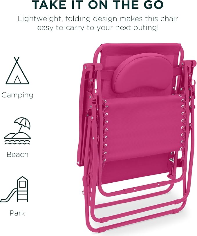 Best Choice Products Oversized Zero Gravity Chair, Folding Outdoor Patio Lounge Recliner w/Cup Holder Accessory Tray, Pillow - Ultimate Pink