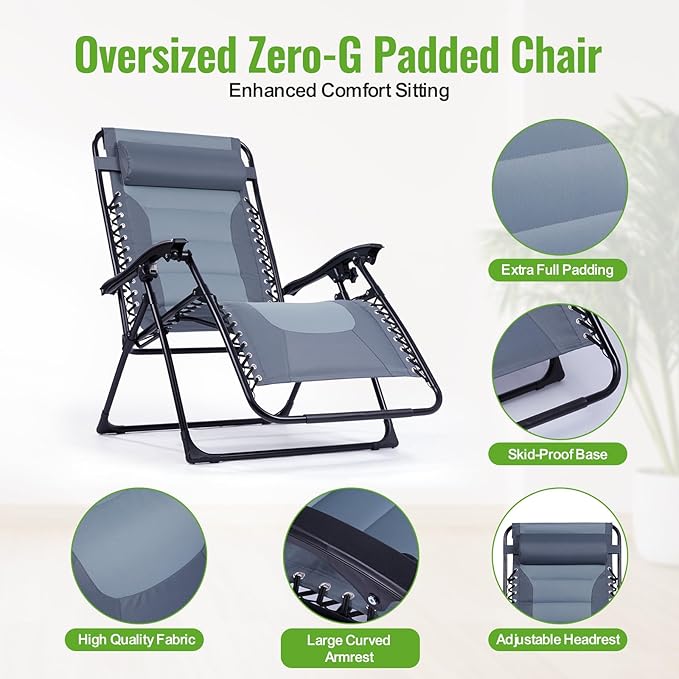 Backyard Expressions Deluxe XL Padded Recliner Zero Gravity Chair – Ergonomic Anti-Gravity Lounger with Folding Design, Side Tray, and Adjustable Headrest