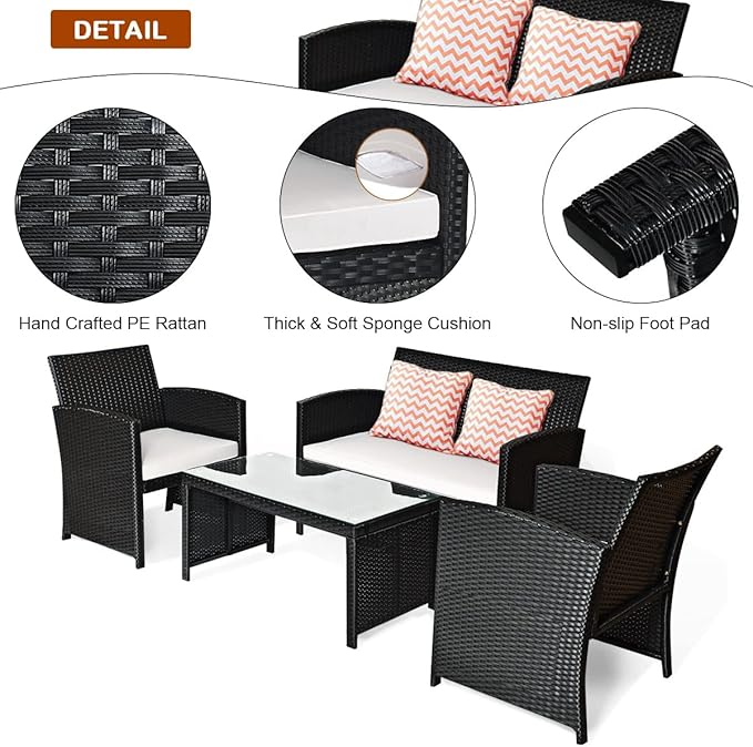4PCS Patio Rattan Furniture Conversation Set Cushioned Sofa Table Garden Single Sofa