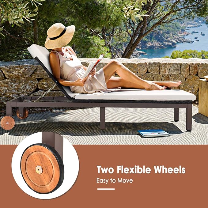 DORTALA Outdoor Pool Chaise Lounge Chair, Metal Rattan Lounger Recliner Chair W/Wheels, Folding Wicker Chaise Chair W/Cushioned Seating, White