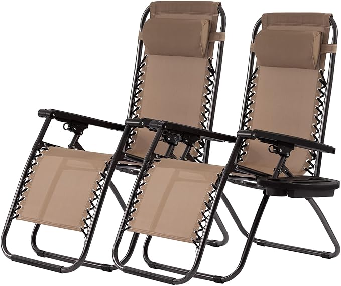 PayLessHere Lounge Chair Adjustable Zero Gravity Chair Folding Beach Chair Textilene Lawn Patio Chair with Removable Pillow and Cup Holder for Poolside Backyard Lawn Beach Pack of 2,Tan
