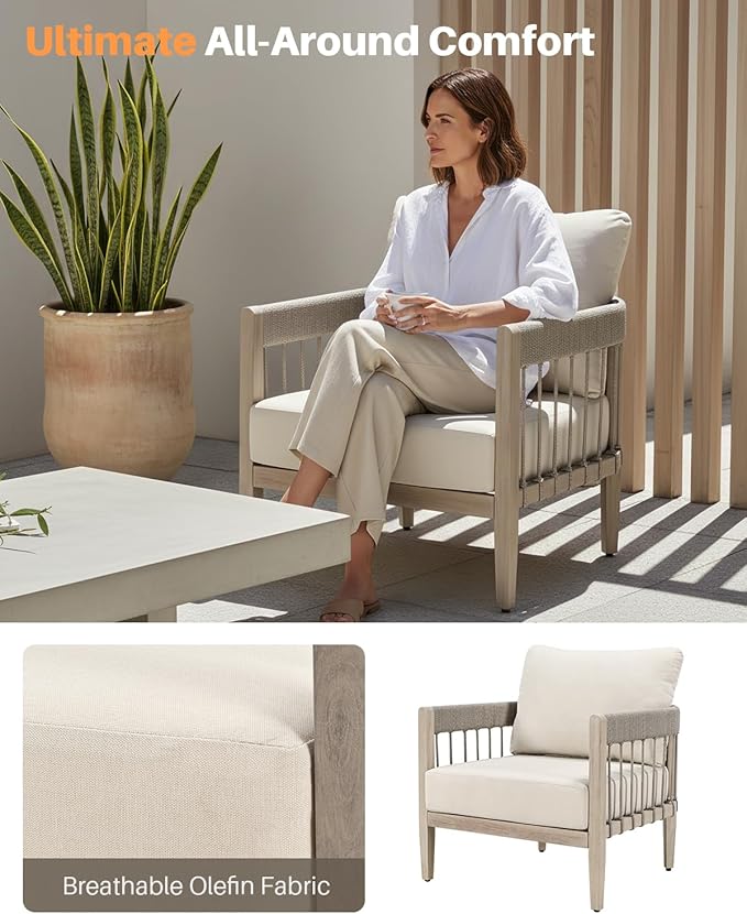 Patio Sofa Chairs Set of 2, Never-Rust Aluminum Outdoor Armchairs with Faux Wood Grain Finish, 2 Pieces Rope Weave - Photo 4