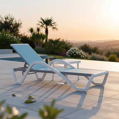 PURPLE LEAF Patio Chaise Lounge Chair Set Outside Aluminum Plastic Stackable Tanning Chairs with Armrests and Side Table for Pool Sunbathing Beach Deck Outdoor Lounger, Light Blue
