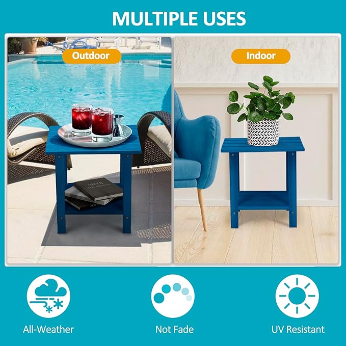 2 Tier Outdoor Side Table with Wood-Like Grain, 16.6" HDPE Adirondack Table Patio Side Table, Weather Resistant End Table for Pool, Patio & Porch, Small Outdoor Table(Navy Blue, Rectangle)