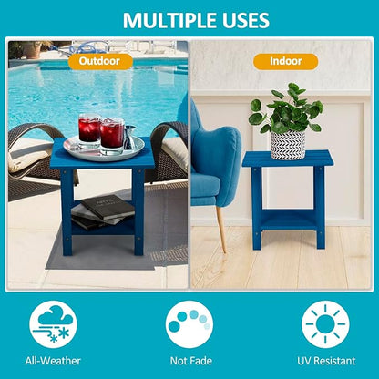 2 Tier Outdoor Side Table with Wood-Like Grain, 16.6" HDPE Adirondack Table Patio Side Table, Weather Resistant End Table for Pool, Patio & Porch, Small Outdoor Table(Navy Blue, Rectangle)